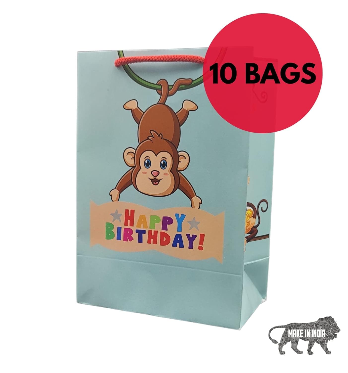 Multicolor Monkey Theme Birthday Bag Gift Bags For Gifting | Weddings | Birthday | Holiday Presents (10x7x4 Inch)