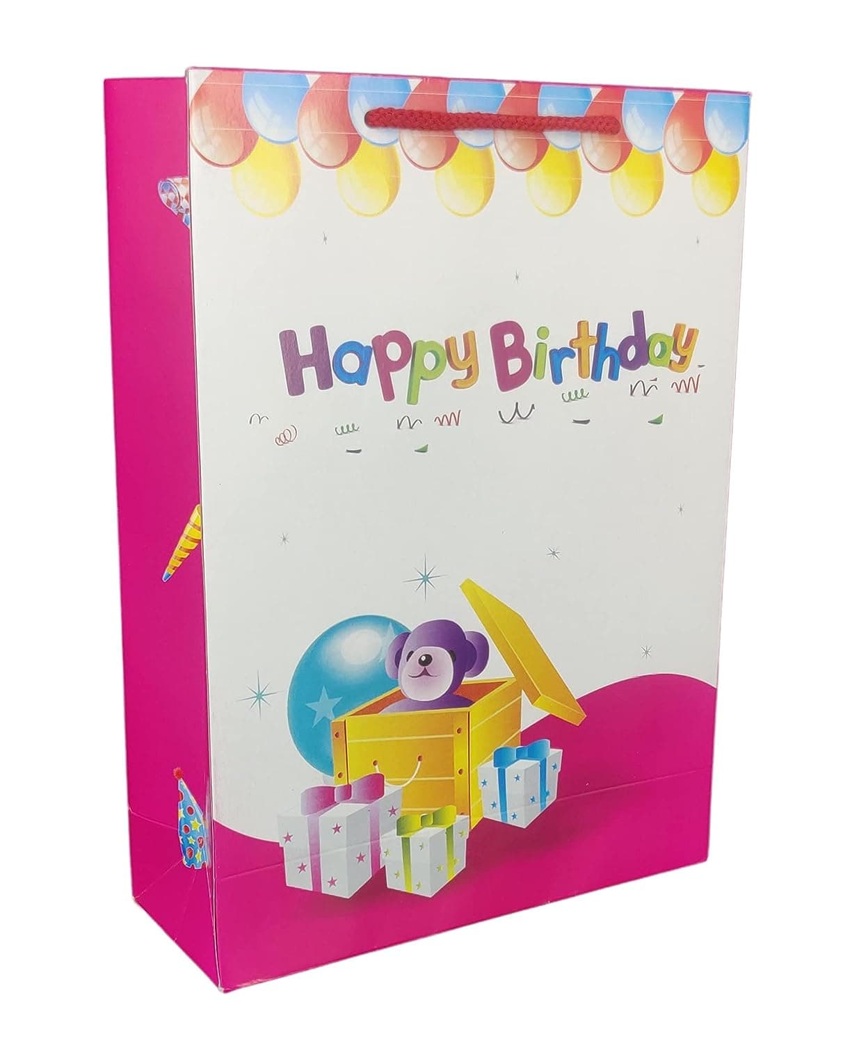 Pink Happy Birthday Paper Gift Bags For Kids Birthday Return Gift, Small Presents (20.32x7.62x27.94 Cm)