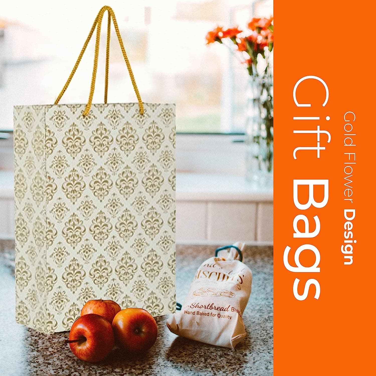 Gold Flower Design Gift Bags For Gifting, Weddings, Birthday, Holiday Presents (28x20x7.5 Cm)