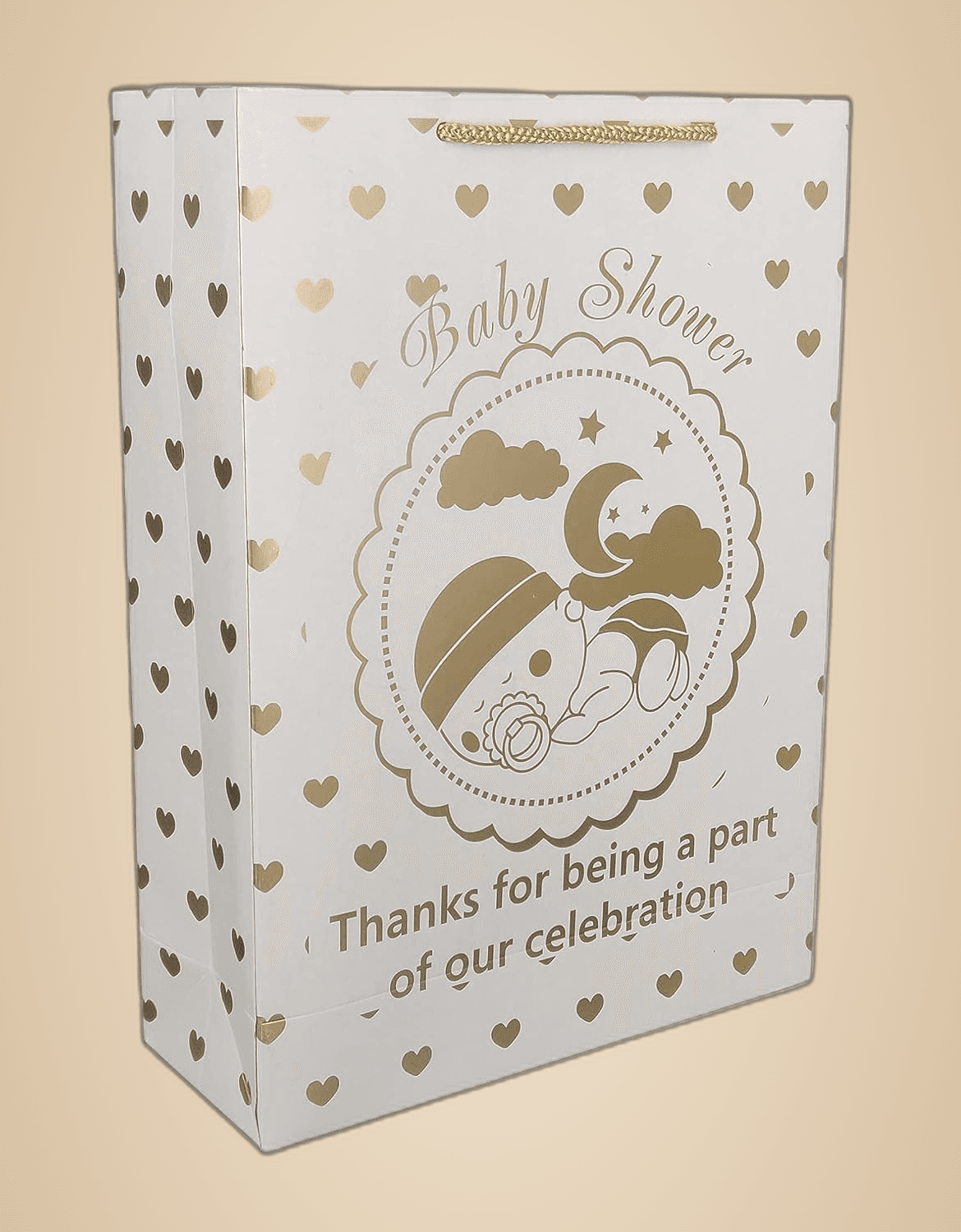 Golden Hearts Paper Gift Bags For Baby Shower Return Gift, Small Presents (20.32x7.62x27.94 Cm)