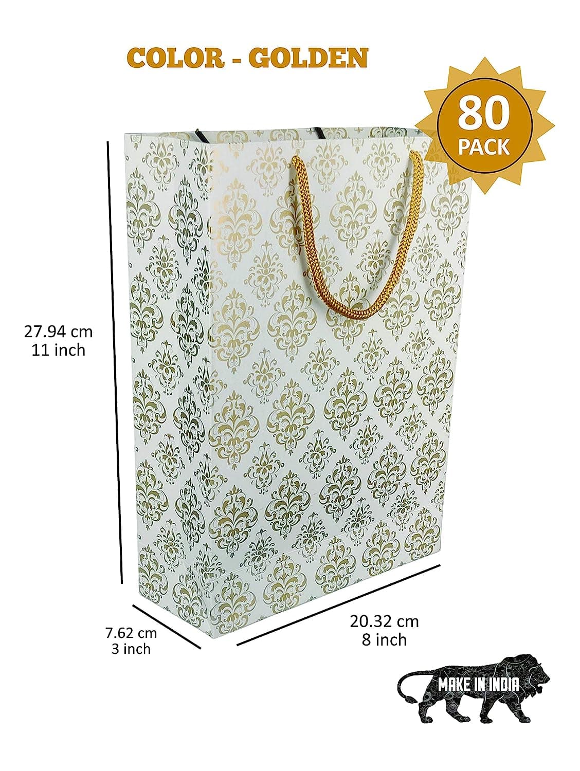 Gold Flower Design Gift Bags For Gifting, Weddings, Birthday, Holiday Presents (28x20x7.5 Cm)