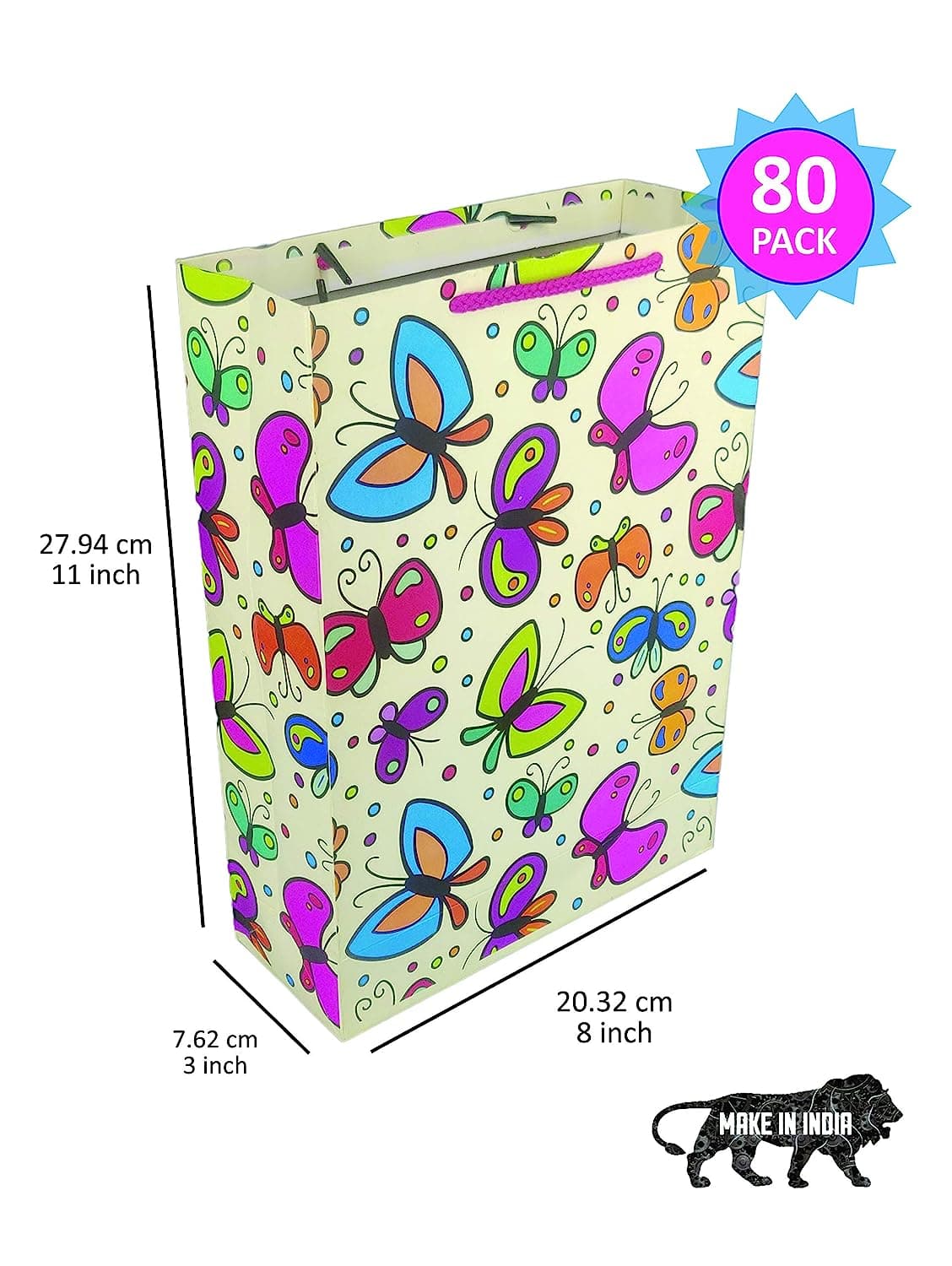 Multicolor Butterfly Design Gift Bags For Gifting, Weddings, Birthday, Holiday Presents (28x20x7.5 Cm)