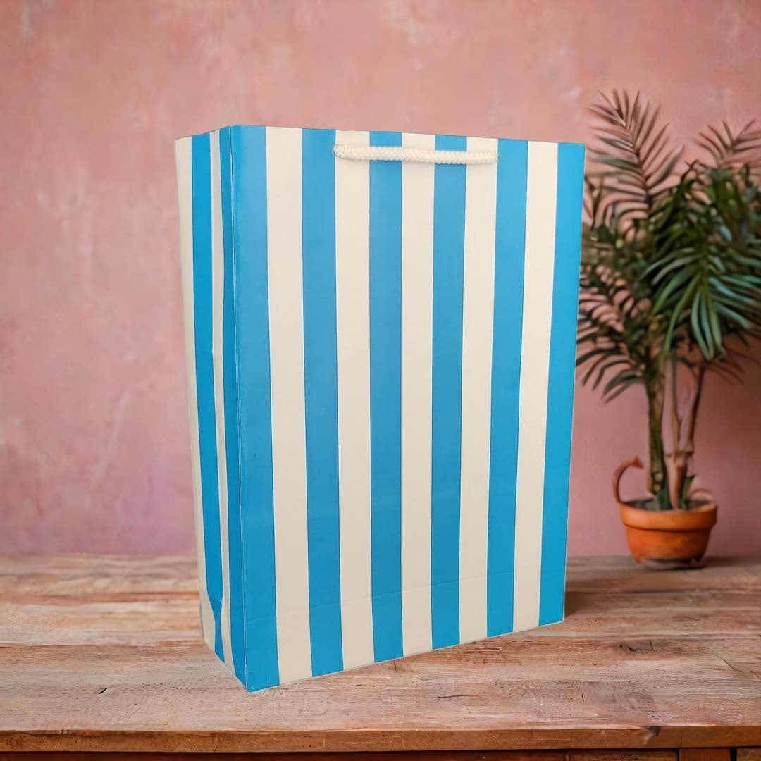 Blue Striped Paper Gift Bags For Return Gift, Small Presents, Weddings, Birthday, Holiday Presents (20.32x 7.62x27.94 Cm)