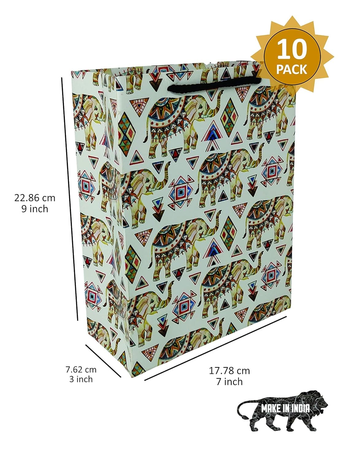 Multicolor Elephant Design Gift Bags For Gifting, Weddings, Birthday, Holiday Presents (17.78x7.62x22.86 Cm)