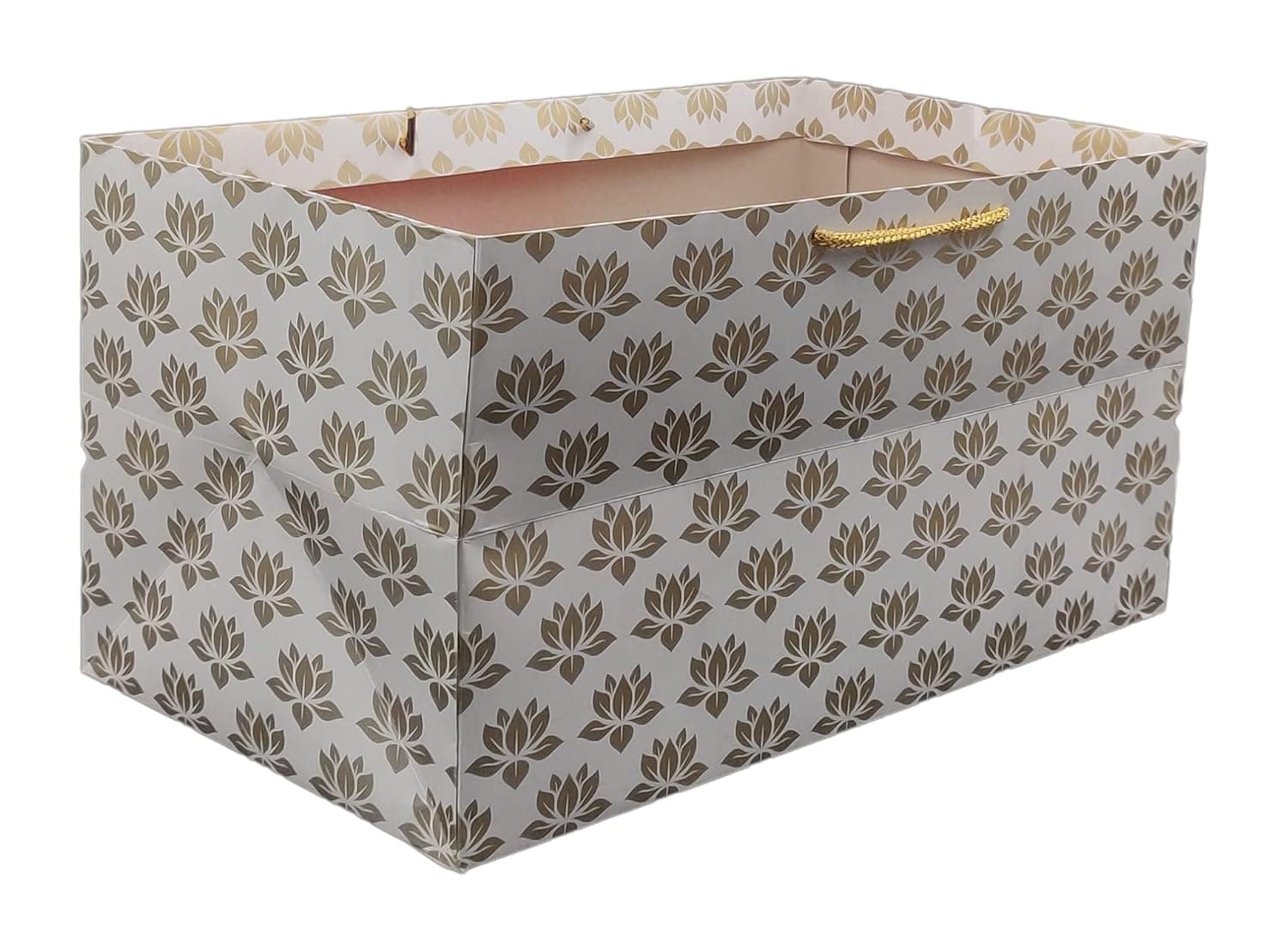 Golden Rectangular Lotus Printed Paper Gift Bags For Baby Shower Return Gift, Small Presents, Weddings, Birthday, Holiday Presents (34.29x19.05x17.78 Cm)