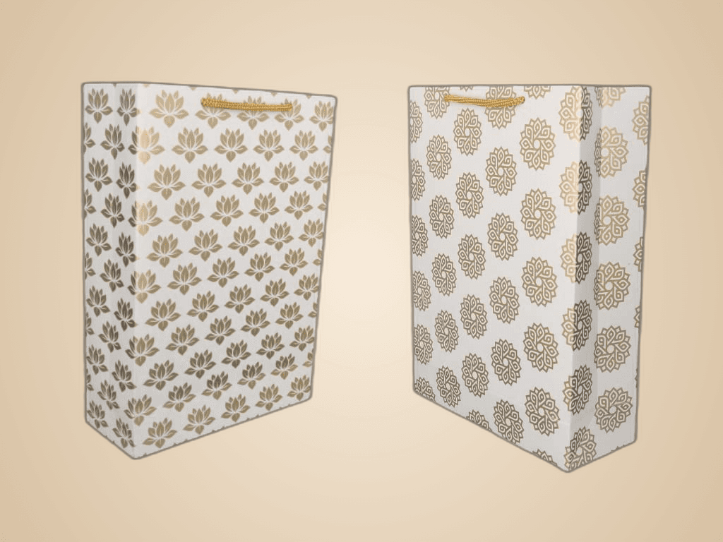 Gold Lotus And Gold Chakras Design Printed Assorted Gift Paper Bags (11x8x3 Inch)