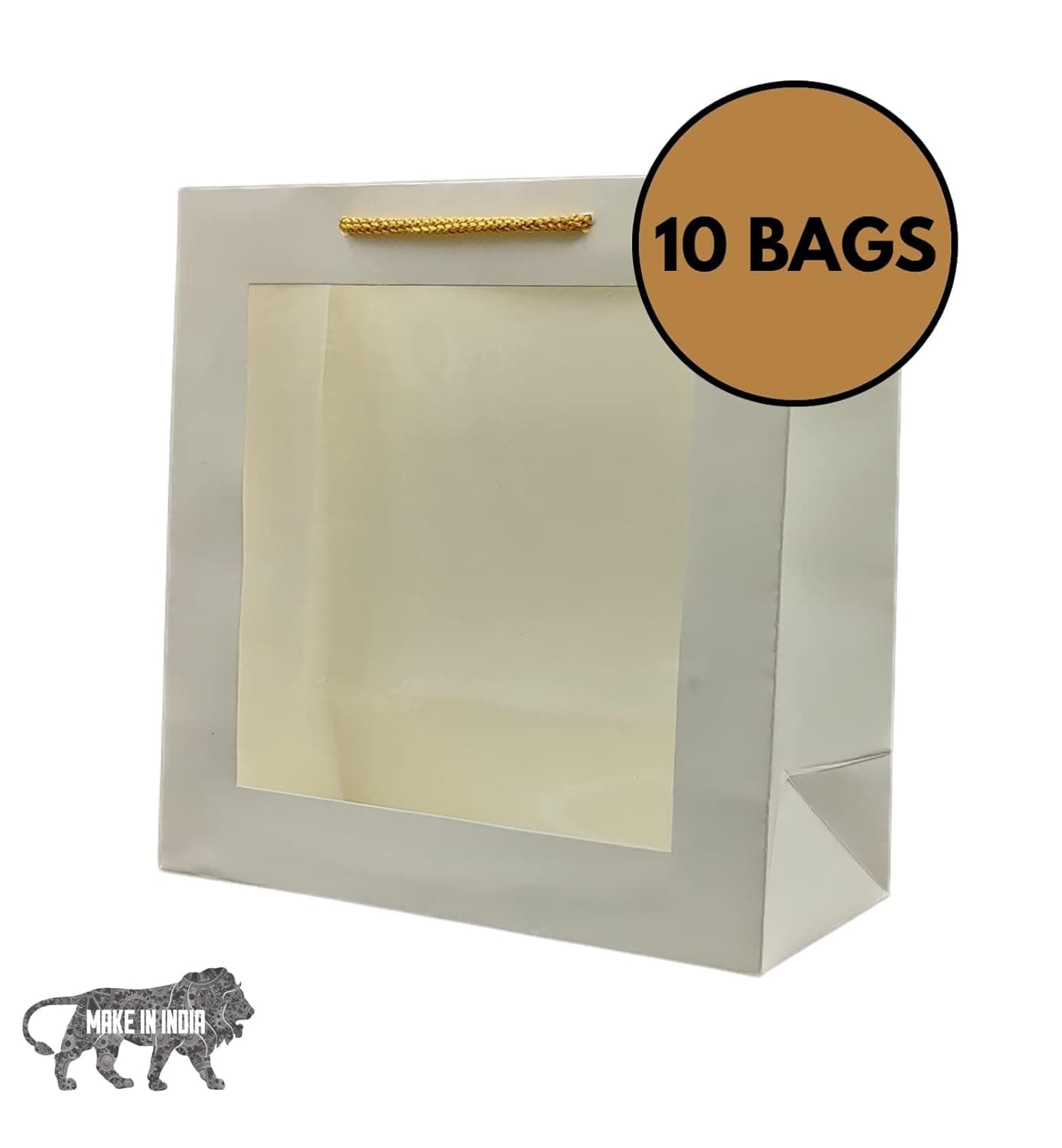 White Transparent Window Bag Printed Gift Bags For Gifting | Weddings | Birthday | Holiday Presents (9x9x4 Inch)