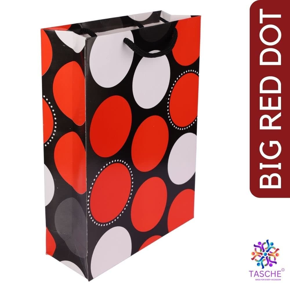 Black & Red Dotted Gift Bags For Gifting, Weddings, Birthday,Holiday Presents (28x20x7.5 Cm)