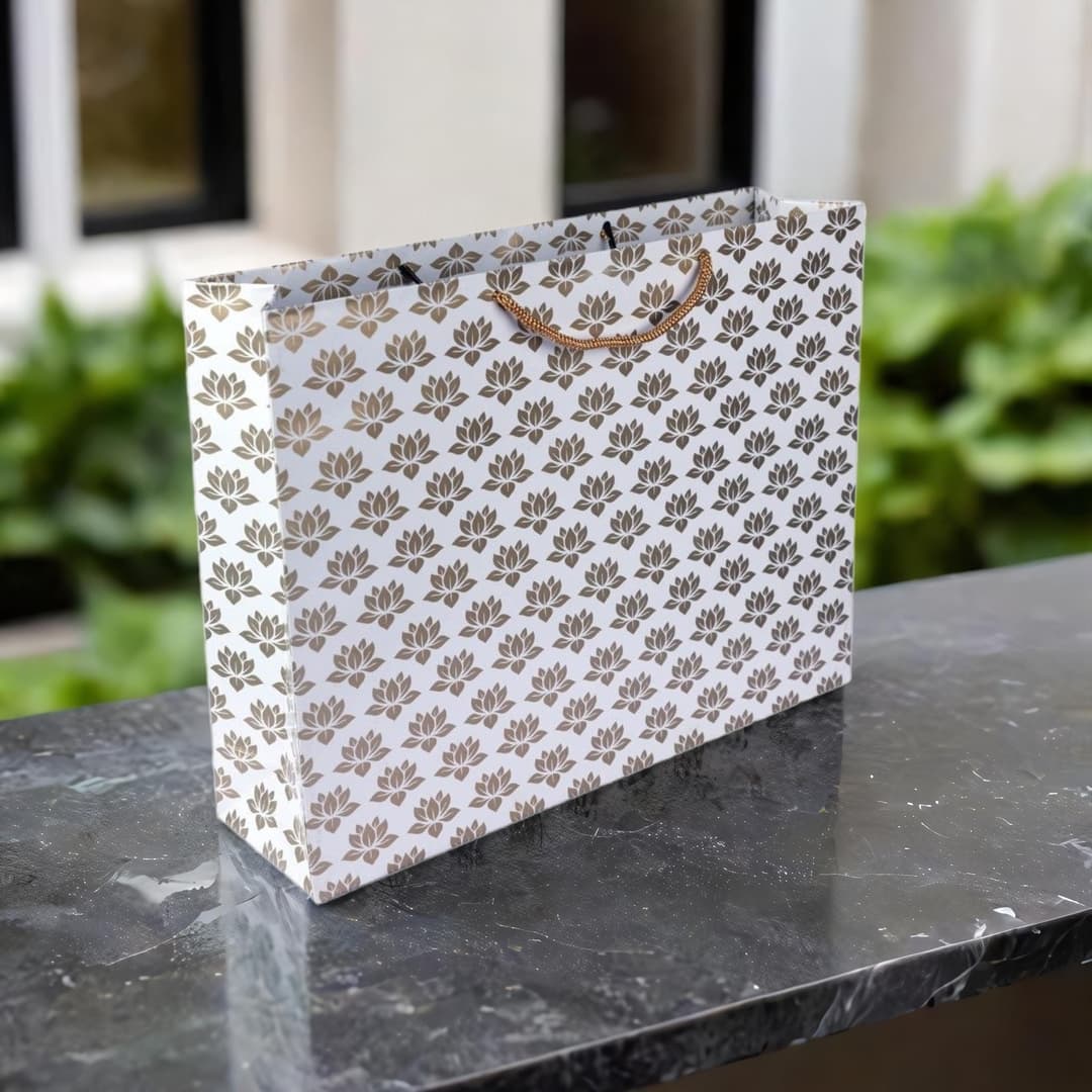Golden Lotus Printed Gift Bags For Gifting | Weddings | Birthday | Holiday Presents (12x4x15.50 Inch)