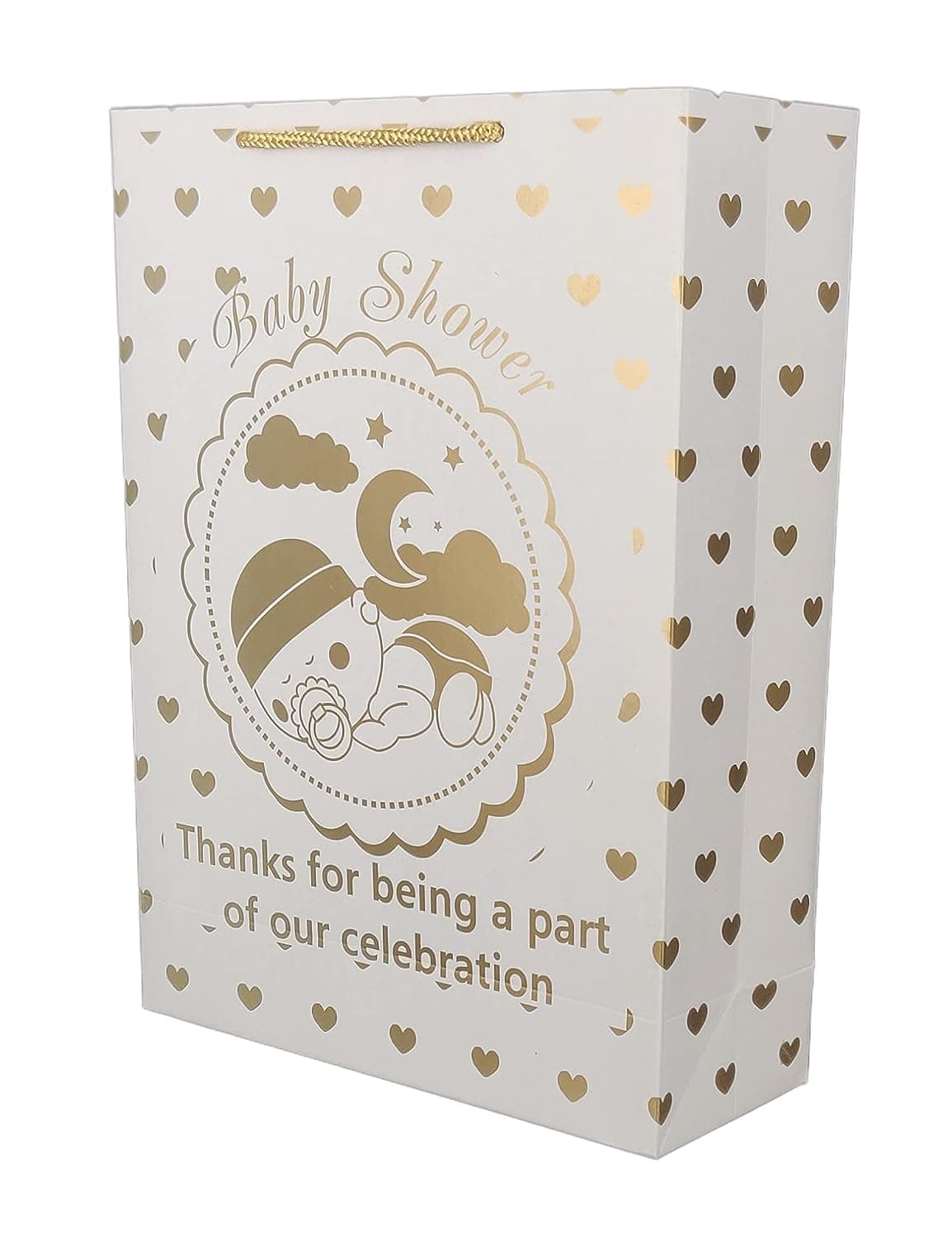 Golden Hearts Paper Gift Bags For Baby Shower Return Gift, Small Presents (20.32x7.62x27.94 Cm)