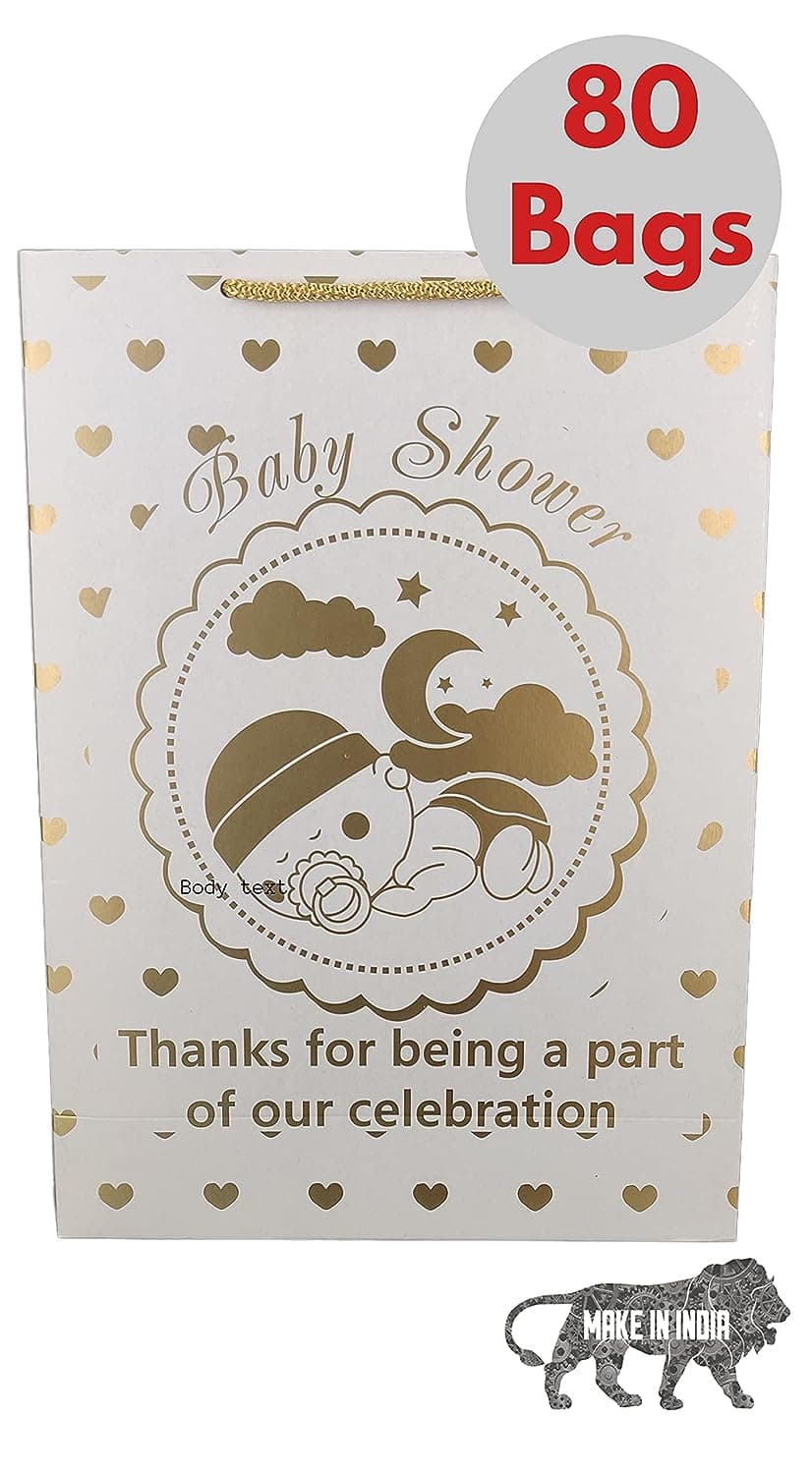 Golden Hearts Paper Gift Bags For Baby Shower Return Gift, Small Presents (20.32x7.62x27.94 Cm)