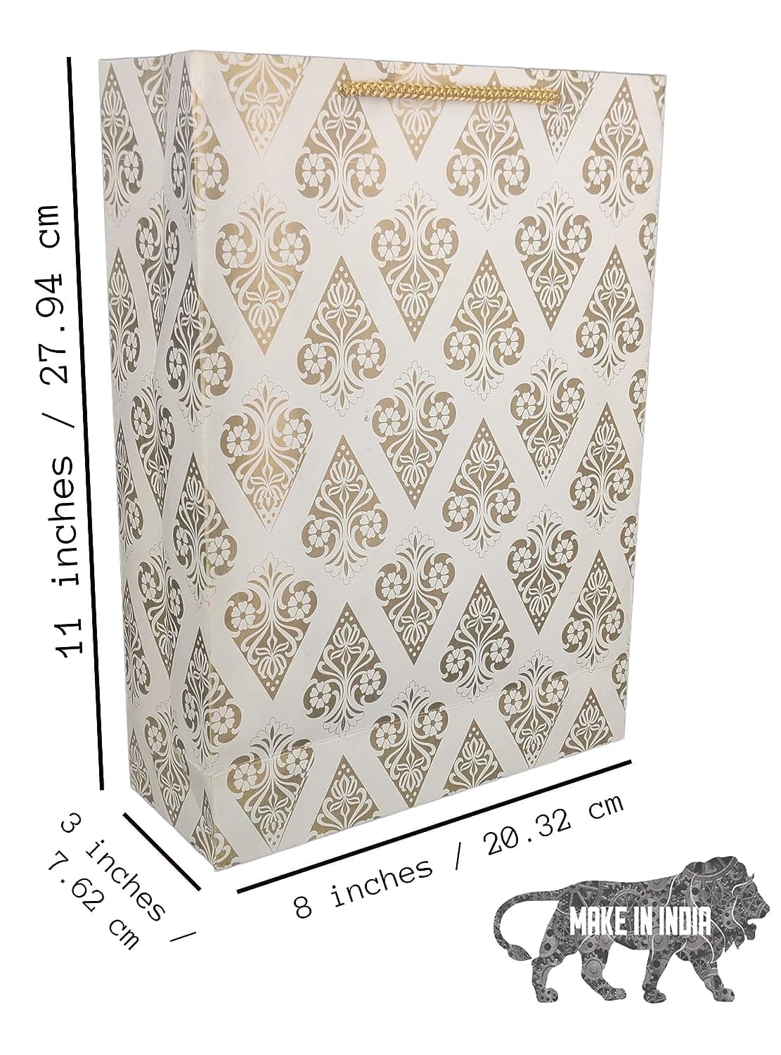 Golden Pyramid Design Paper Gift Bags For Return Gift, Small Presents, Weddings, Birthday, Holiday Presents (20.32x7.62x27.94 Cm)