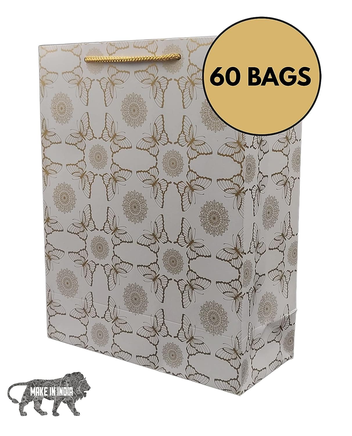 Golden Butterfly Printed Paper Gift Bags For Baby Shower Return Gift, Small Presents, Weddings, Birthday, Holiday Presents (24.13x10.16x30.48 Cm) (Pack Of 60)