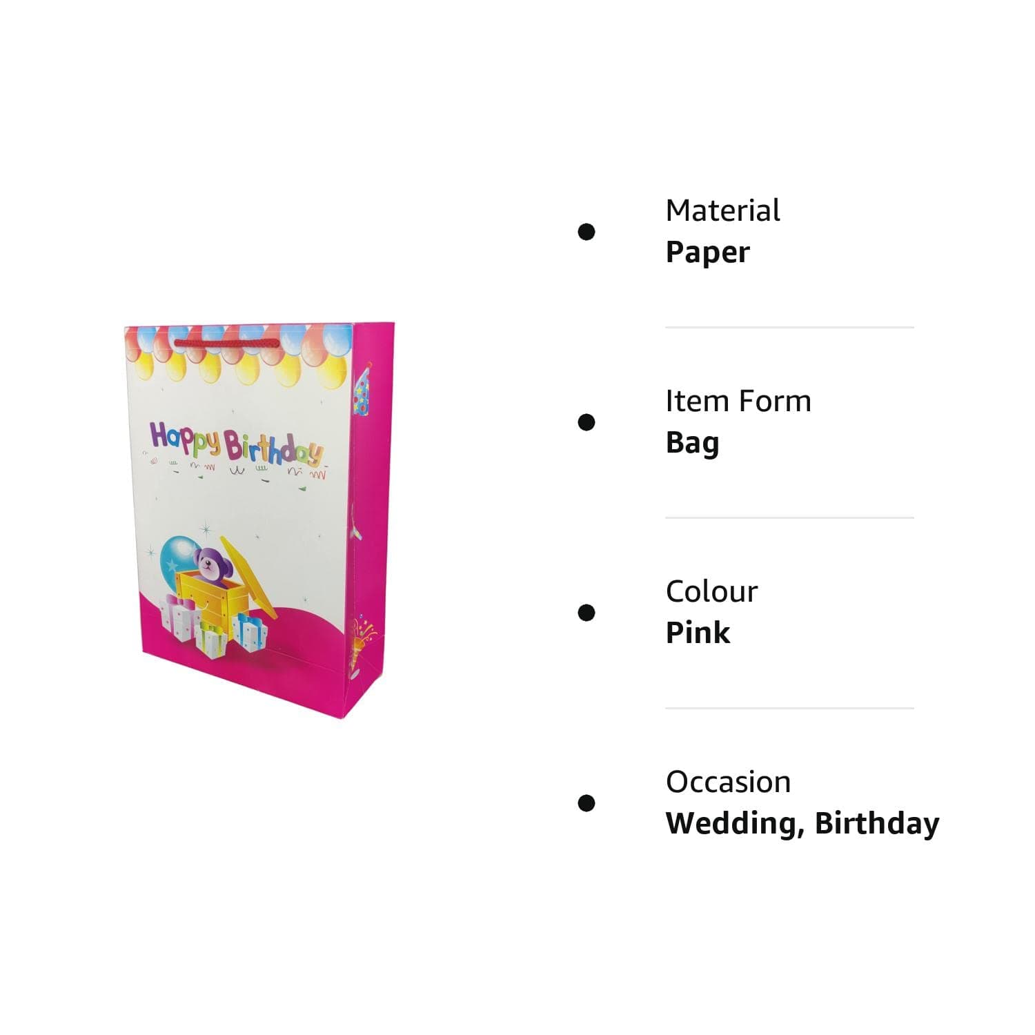 Pink Happy Birthday Paper Gift Bags For Kids Birthday Return Gift, Small Presents (20.32x7.62x27.94 Cm)