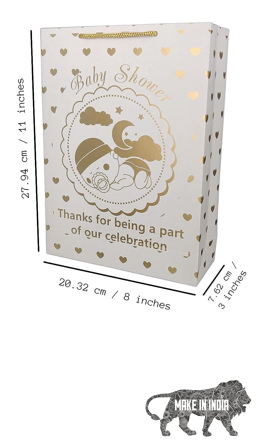 Golden Hearts Paper Gift Bags For Baby Shower Return Gift, Small Presents (20.32x7.62x27.94 Cm)