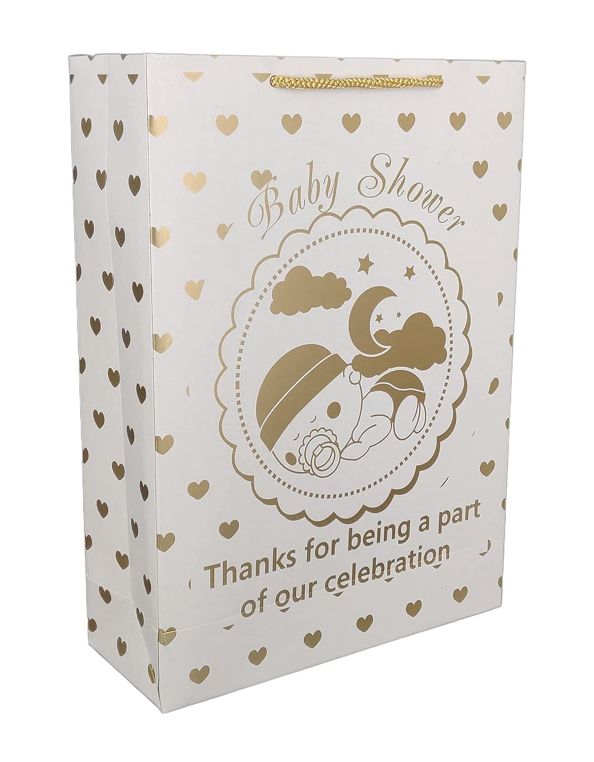 Golden Hearts Paper Gift Bags For Baby Shower Return Gift, Small Presents (20.32x7.62x27.94 Cm)