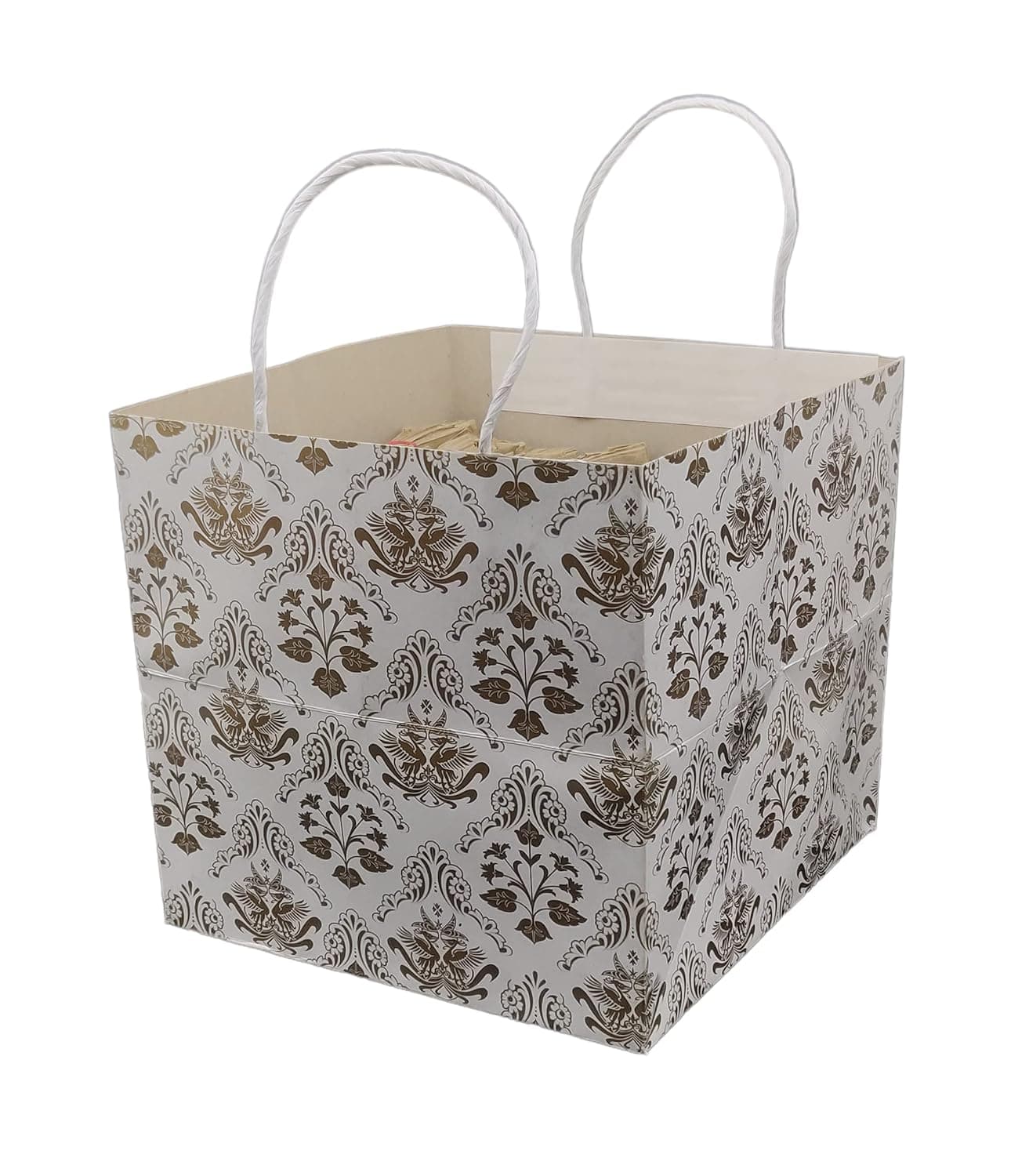 Gold Square Bird Printed Paper Gift Bags For Baby Shower Return Gift, Small Presents, Weddings, Birthday, Holiday Presents (22.60x22.86x 22.86 Cm)