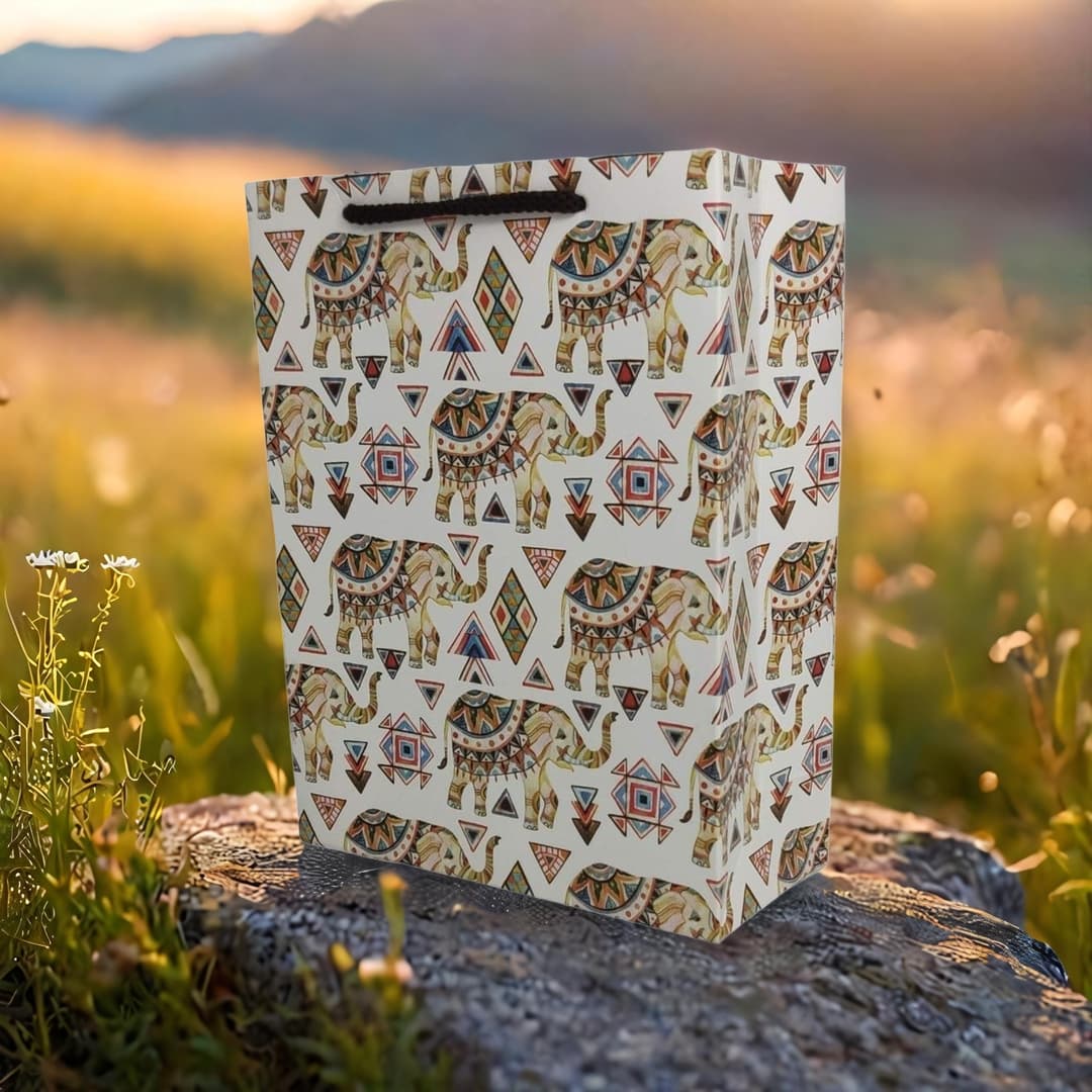 Multicolor Elephant Design Gift Bags For Gifting, Weddings, Birthday, Holiday Presents (17.78x7.62x22.86 Cm)