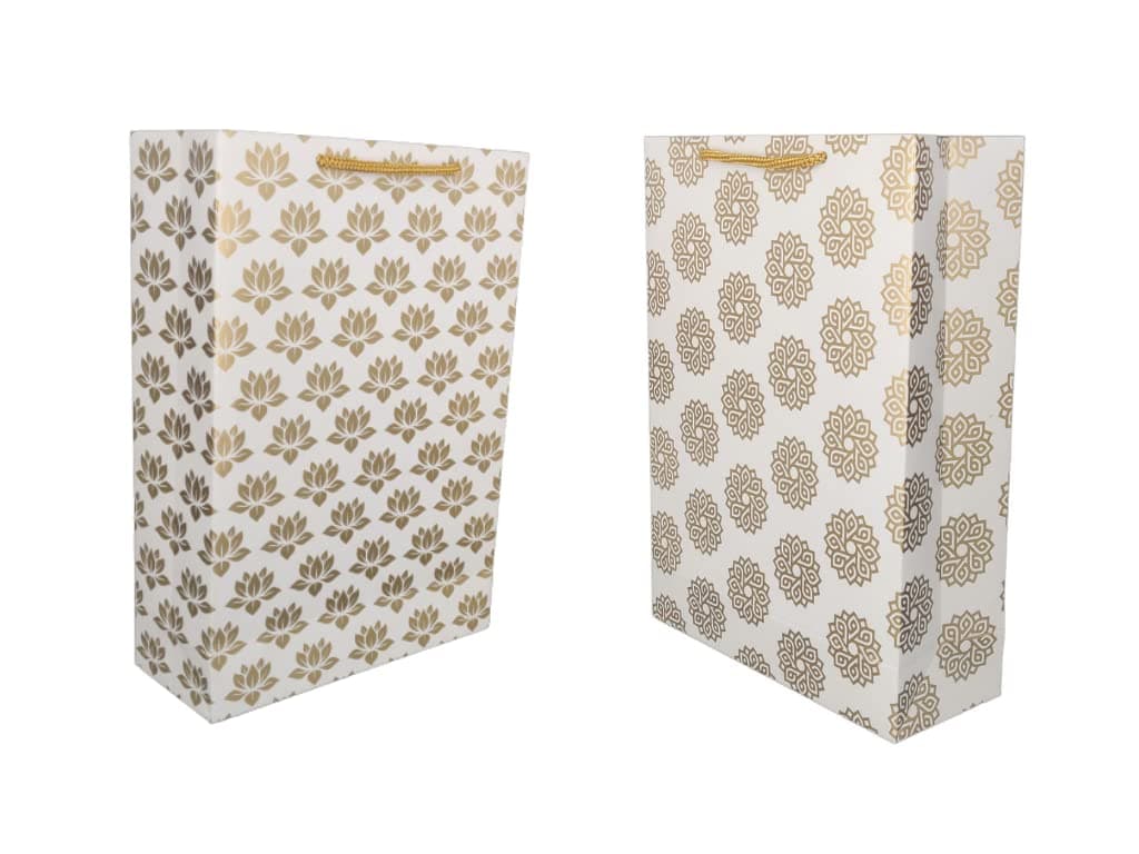 Gold Lotus And Gold Chakras Design Printed Assorted Gift Paper Bags (11x8x3 Inch)
