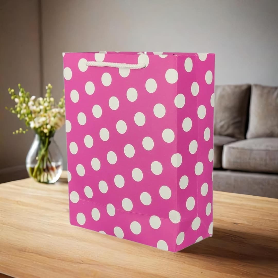 Pink Dotted Paper Gift Bags For Baby Shower Return Gift, Small Presents (17.78x7.62x22.86 Cm)