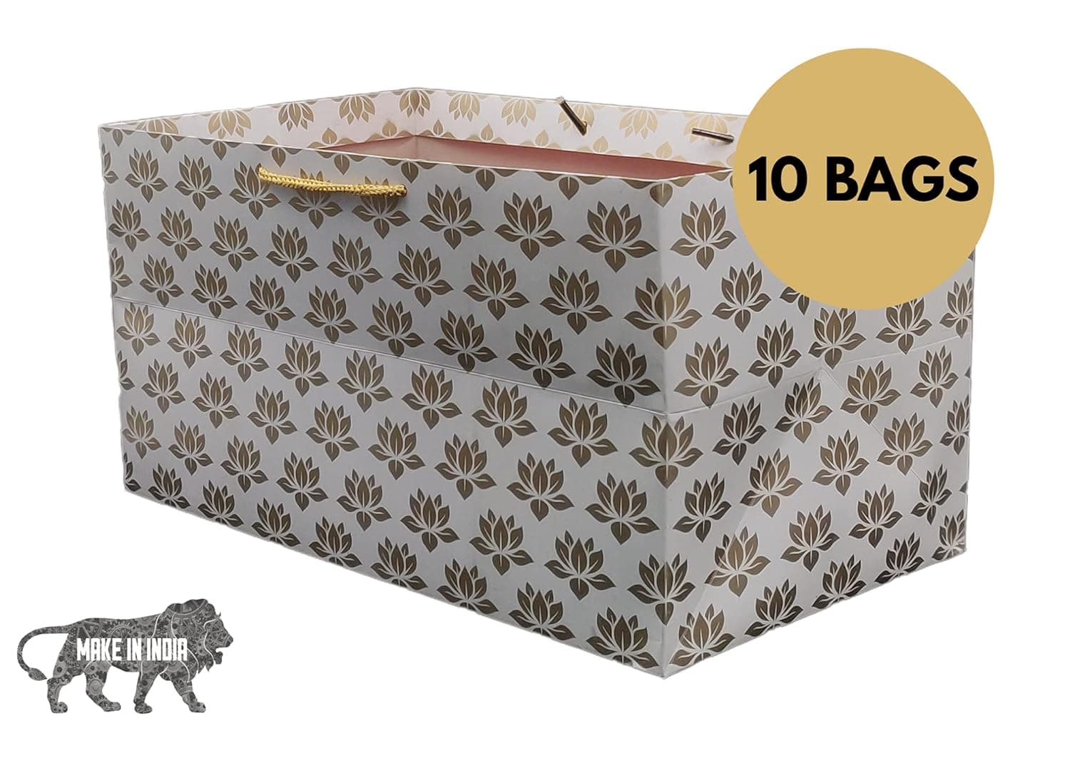 Golden Rectangular Lotus Printed Paper Gift Bags For Baby Shower Return Gift, Small Presents, Weddings, Birthday, Holiday Presents (34.29x19.05x17.78 Cm)