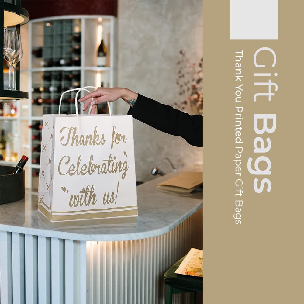 White Thank You Printed Paper Gift Bags For Baby Shower Return Gift, Small Presents, Weddings, Birthday, Holiday Presents (20.32x10.16x25.4 Cm)