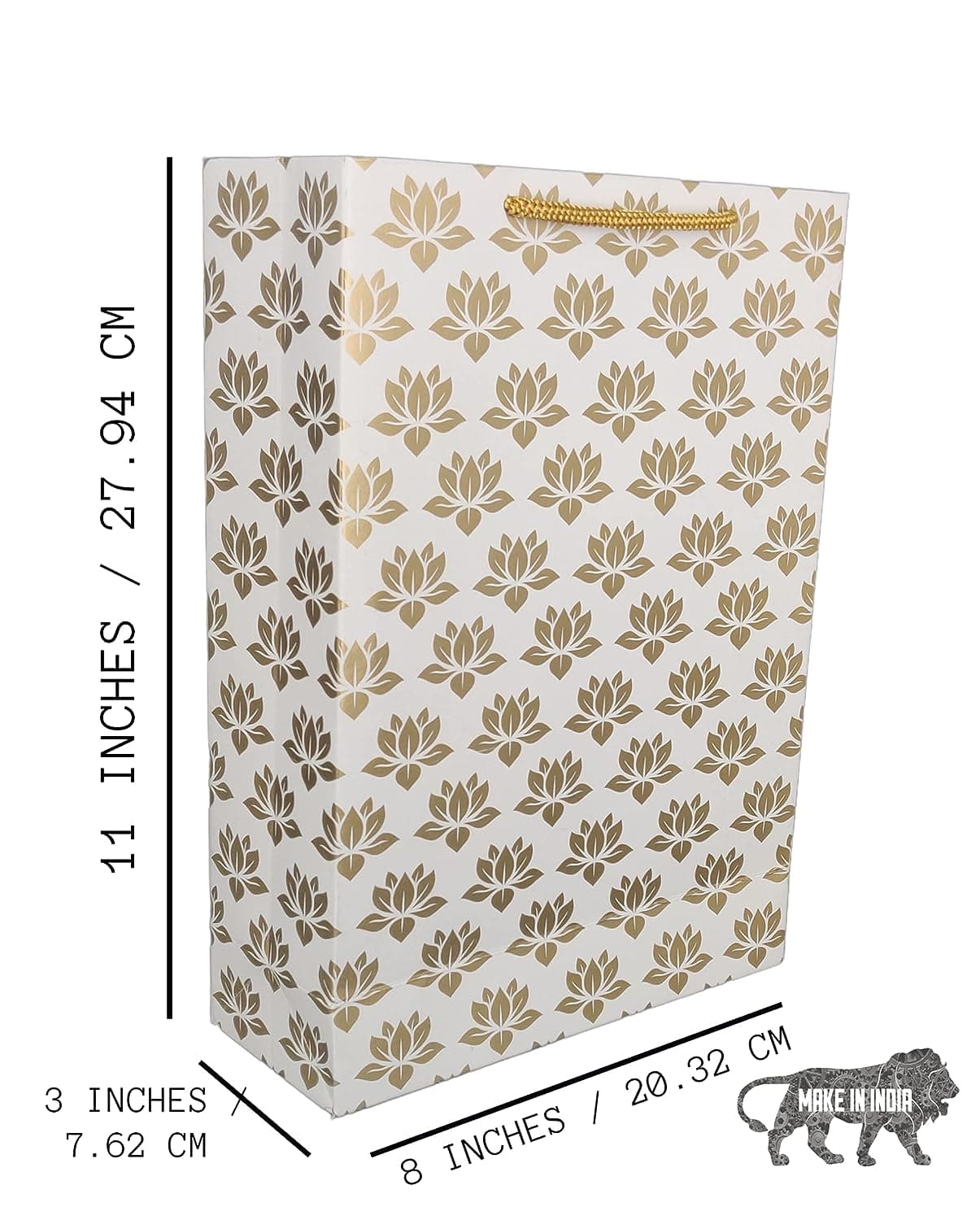 Golden Lotus Design Paper Gift Bags For Gifting, Weddings, Birthday, Holiday Presents (20.32x7.62x27.94 Cm)