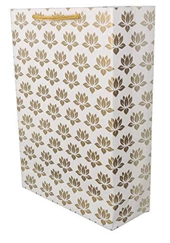 Golden Lotus Design Paper Gift Bags For Gifting, Weddings, Birthday, Holiday Presents (20.32x7.62x27.94 Cm)