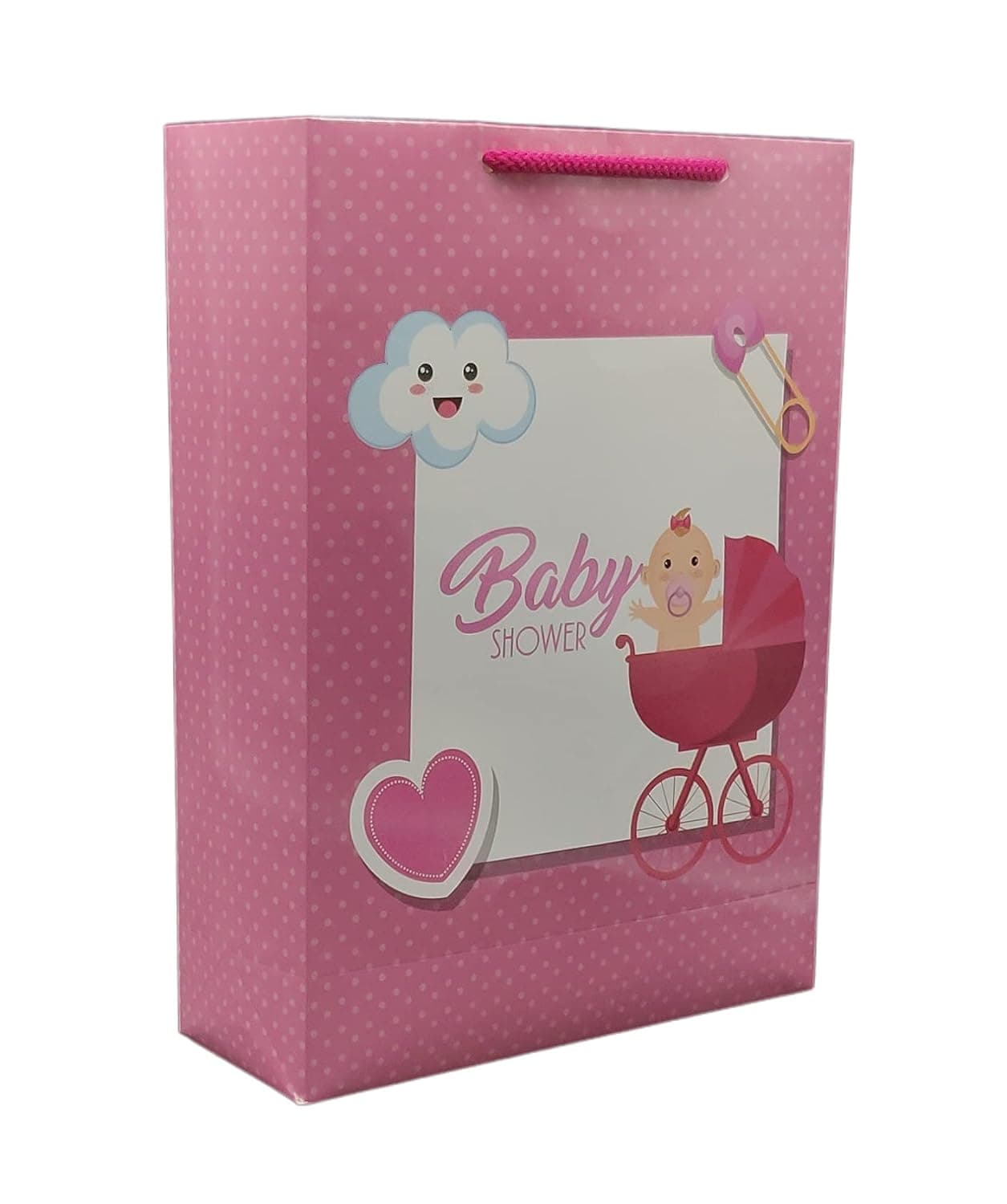 Pink Love Basket Baby Shower Paper Gift Bags For Return Gift, Small Presents (20.32x7.62x27.94 Cm)