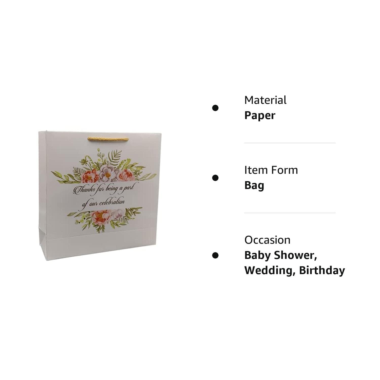 Green Floral Thank You Big Paper Gift Bags For Baby Shower Return Gift, Small Presents, Weddings, Birthday, Holiday Presents, (9x9x3 Inch)