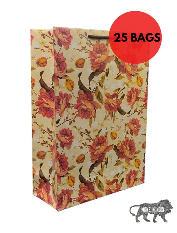Artistic Rose Design Paper Gift Bags For Return Gift, Small Presents, Weddings, Birthday, Holiday Presents Printed (14x10x4 Inch)