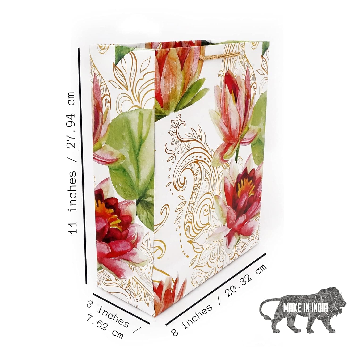 Golden Rose Flower Return Carry Bags For Weddings, Birthday, Holiday Presents (28x20x7.5 Cm)