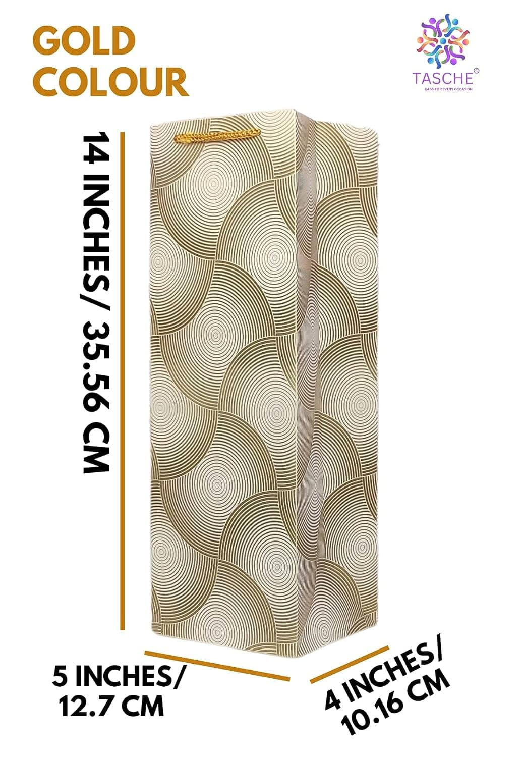 Gold Seamless Golden Design Bottle Bag Medium Printed Gift Paper Bags | Gift Bags For Wedding, Return Gifts, And Birthday Presents (14x5x4 Inch)