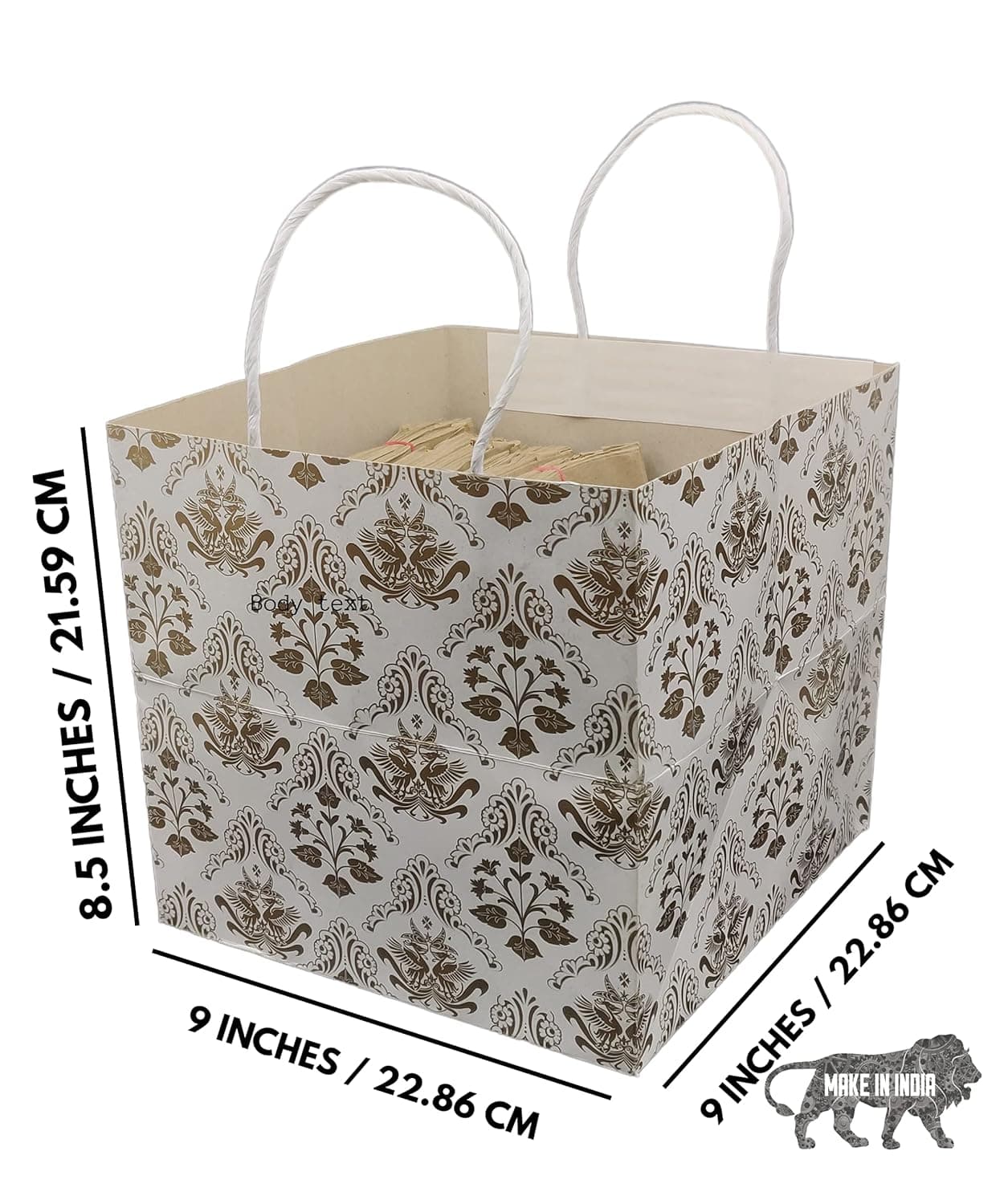 Gold Square Bird Printed Paper Gift Bags For Baby Shower Return Gift, Small Presents, Weddings, Birthday, Holiday Presents (22.60x22.86x 22.86 Cm)