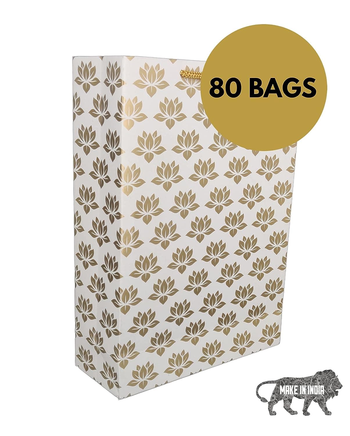 Golden Lotus Design Paper Gift Bags For Gifting, Weddings, Birthday, Holiday Presents (20.32x7.62x27.94 Cm)