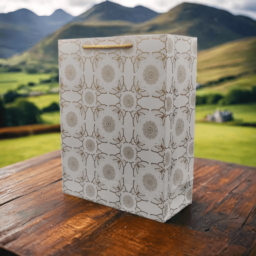 Golden Butterfly Printed Paper Gift Bags For Baby Shower Return Gift, Small Presents, Weddings, Birthday, Holiday Presents (24.13x10.16x30.48 Cm) (Pack Of 60)